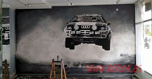 pintura mural coche rally blanco y negro audi Pineda de MAr
